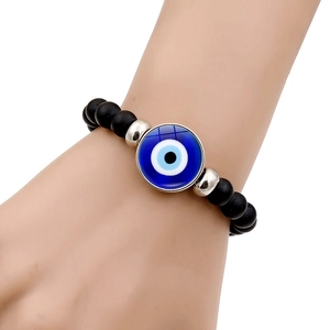Bracelet œil maléfique élastique pour hommes et femmes avec perles noires mates et verre