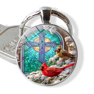 Roter Kardinalvogel und Kreuz Glas-Cabochon Schlüsselanhänger mit Metallring Charm