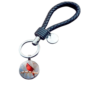 Cardinal bird glass pendant keychain with black braided leather strap and metal ring