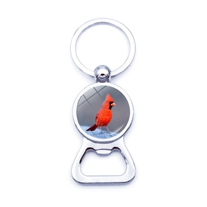 Polished silver cardinal bird bottle opener keychain with glass gem and metal ring