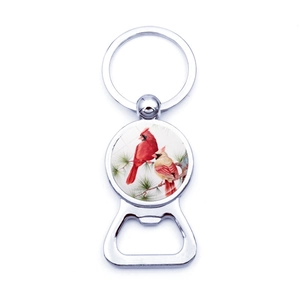 Northern Cardinal Bird Keychain Bottle Opener Zinc Alloy Glass Cabochon Silver Polished Nature Lover Souvenir Gift