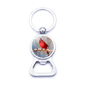 Silver cardinal bird keychain bottle opener with glass dome art pendant for souvenir gifts