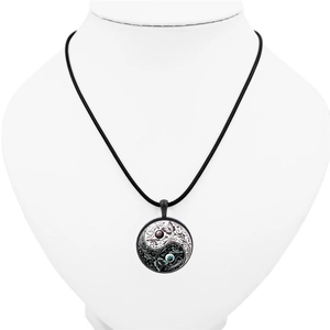 Vintage Yin Yang Tai Chi butterfly glass cabochon pendant necklace on black cord rope