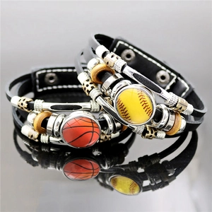 Black leather sports bracelet set with basketball and baseball glass charms and beads