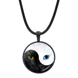 Yin Yang Cat Tai Chi necklace with black rope cord and round glass pendant
