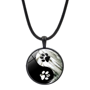 Yin Yang paw print glass pendant necklace with black cord for cat and dog lovers