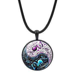 Tai Chi Yin Yang butterfly glass pendant necklace with black cord on white background