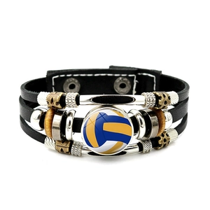 Multilayer leather volleyball bracelet with blue yellow glass patch and metal beads