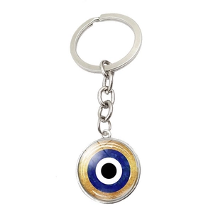 Blue Turkish evil eye keychain with blue crystal glass pendant and silver chain