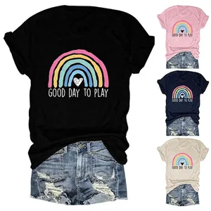Maglietta a Maniche Corte da Donna in Misto Cotone Casual Stampa Arcobaleno Cuore Good Day To Play Girocollo Top Estivo