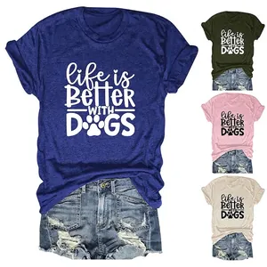 Damen Loose Casual Kurzarm T-Shirt Baumwollmischung Rundhals Top Life is Better With Dogs Lustiges Pfotenabdruck Slogan Shirt
