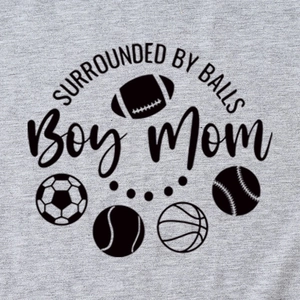 Grey Boy Mom t-shirt with Surrounded by Balls text and various sports ball graphics