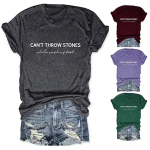 Women Casual Cotton Blend T-Shirt Letter Print Slogan Short Sleeve Round Neck Summer Streetwear Comfortable Basic Top