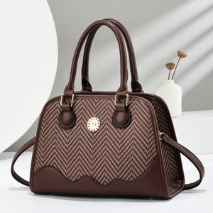 Chic shell-shaped handbag in dark coffee patchwork with elegant herringbone pattern