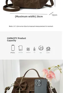 Infographic showing 26cm brown retro crossbody bag capacity and size compared to iPhone