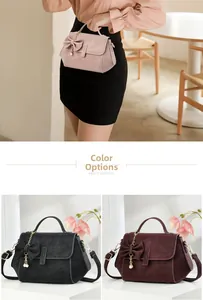 Detailed angle display showing a flap handbag with bow and pearl charms in three colors