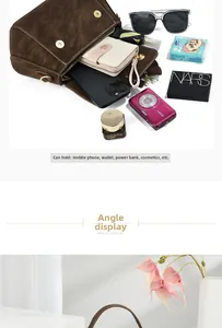 Internal storage detail of dark brown flap bag showing phone and cosmetics capacity