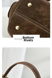 Close-up of bottom rivets and white stitching on dark brown matte leather handbag