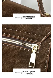 Detail of dark brown leather handbag showing thick stitching and back zipper pocket