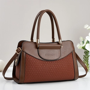 Chic color-block pillow bag in brown woven texture with top handle and adjustable strap