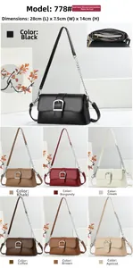 Detail view of stylish crossbody baguette bags in seven colors with size dimensions