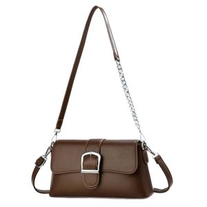 Brown leather baguette shoulder bag with matte texture and large silver square buckle