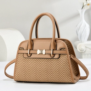 Elegant herringbone woven boston handbag with brown faux leather trim and gold bow