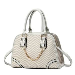 Boston style herringbone woven handbag in beige with grey faux leather trim and chain
