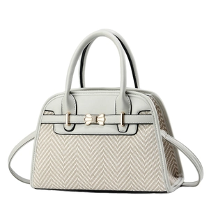 Fashionable grey shell-shaped handbag with rhinestone bow detail and fabric texture