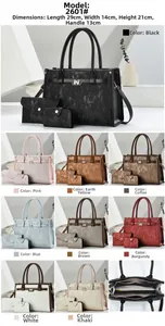 Detailed view of large tote bag, long wallet, and card holder three-piece women's set