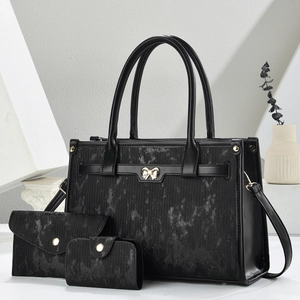 Retro Elegant Tote Handbag Wallet Cardholder PU Leather Metallic Texture Golden Bow Women Shoulder Crossbody Bag