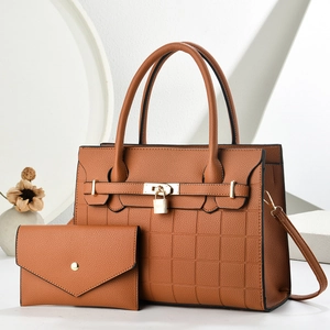 Brown litchi leather tote bag set with checkered texture and gold lock hardware