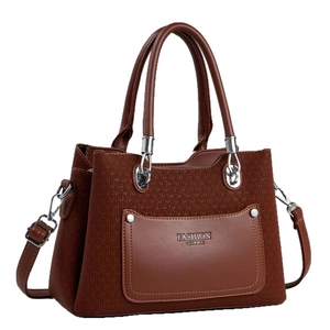 Brown herringbone crossbody bag with dual handles and metal buckle detailing