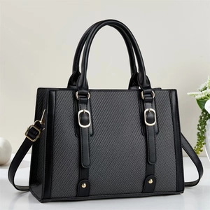 Classic black woven texture handbag with gold hardware and adjustable strap for women