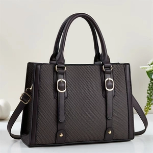 Women PU Leather Handbag Woven Texture Large Capacity Tote Bag Commuter Shoulder Crossbody Bag With Golden Metal Rings For Lady