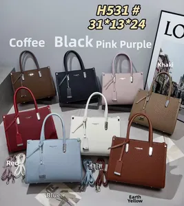 Detailed grid of rectangle leather handbags in eight colors with size 31x13x24cm