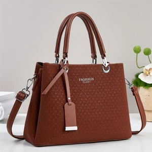 Classic brown woven texture tote bag with top handles and adjustable shoulder strap