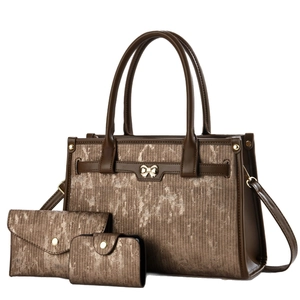 Vintage bronze tote bag 3-piece set featuring textured faux leather and gold bow detail