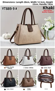 Detailed view of women's tote bag with six colors, internal compartments, and dimensions