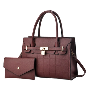 Burgundy faux leather diamond embossed tote bag set with matching wallet and gold hardware
