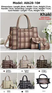 Three-piece checkered tote bag set with interior structure and dimension details