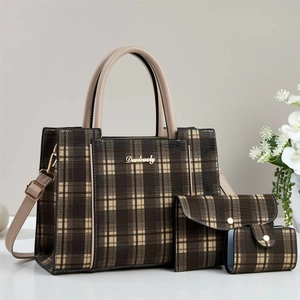 Three-piece checkered tote bag set with shoulder strap and matching wallets in beige