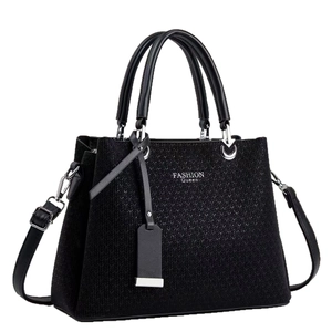Classic black woven texture shoulder bag with top handles and adjustable strap