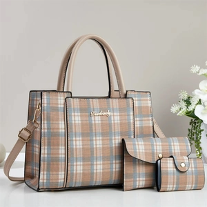 Three-piece beige plaid tote bag set with detachable shoulder strap and top handles