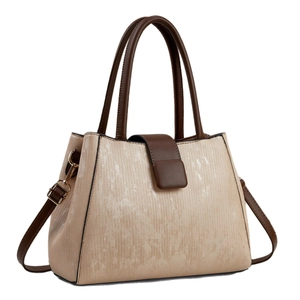 Minimalist beige and brown contrasting tote bag with glossy texture and gold hardware