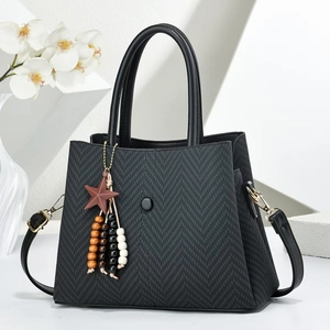 Damen Handtasche Fischgrätmuster PU Leder Umhängetasche Tote Große Kapazität Griff Mit Stern Holzperlen Anhänger