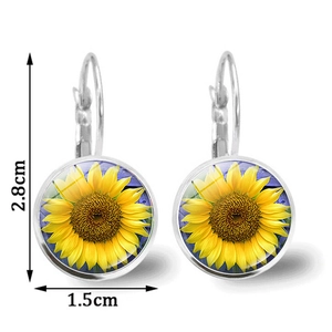 Vintage sunflower leverback earrings with glass cabochon pendant 2.8cm in height