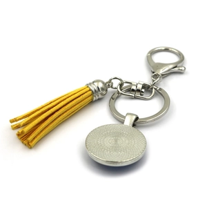 Ukraine theme yellow suede tassel keychain with metal lobster clasp and round DIY pendant tray