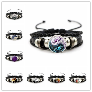 Bracelet Tissé en Cuir Multi-couches Vintage pour Hommes Femmes Yin Yang Arbre de Vie Gemme en Verre Bijoux Ajustables