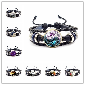Bracelet en Cuir Tissé à la Main Yin Yang Arbre de Vie Multicouche en Alliage Verre Bijoux Homme Femme Vintage Style Ethnique